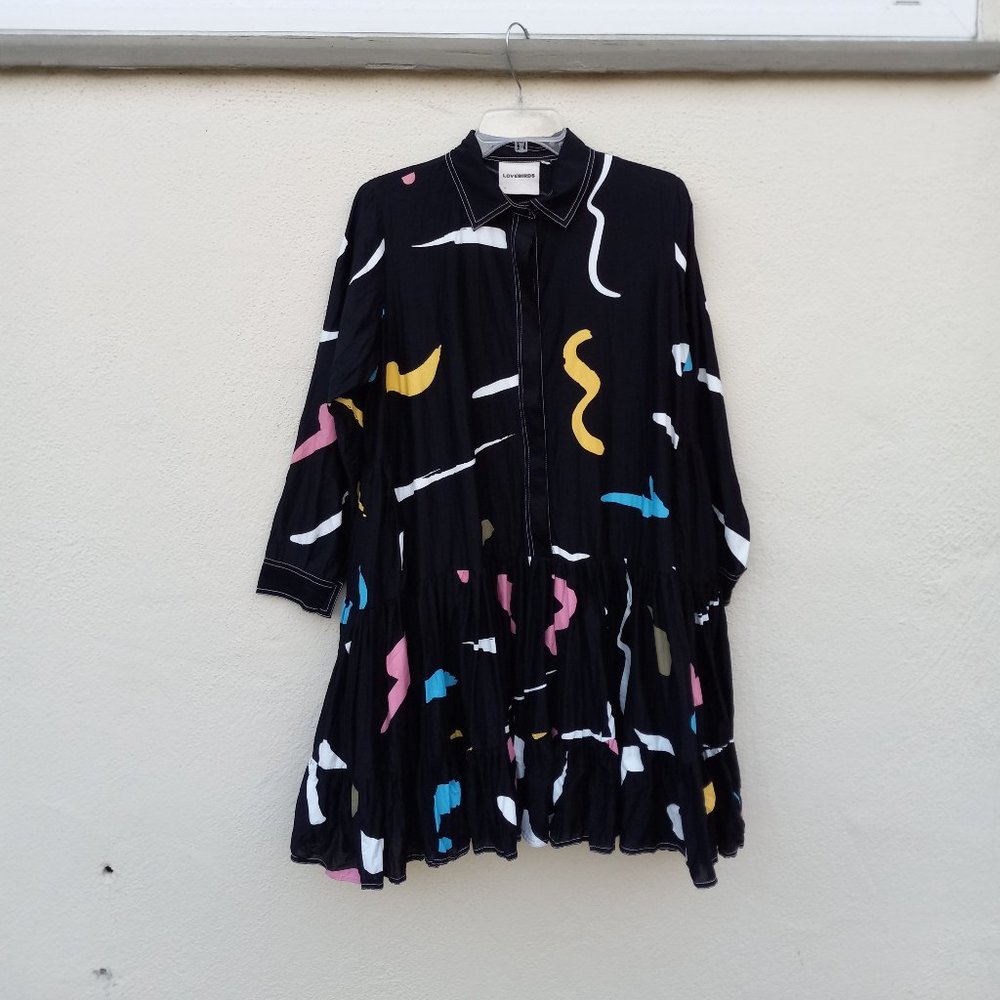Lovebirds Black Silk/Cotton Abstract Brushstroke Tiered Shirtdress Wearable Art
